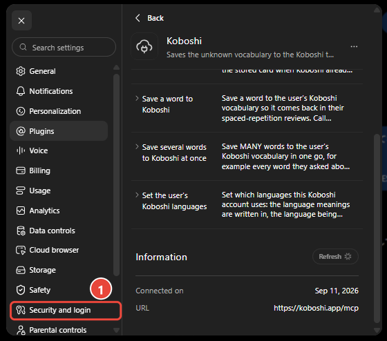 ChatGPT Settings with Security and login marked