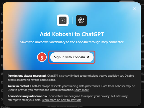 Add Koboshi to ChatGPT with Sign in with Koboshi marked