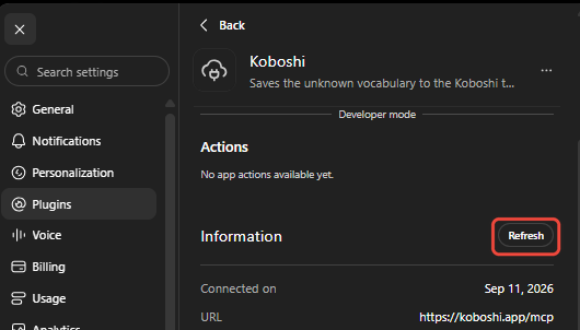 Koboshi’s ChatGPT plugin page with Refresh marked