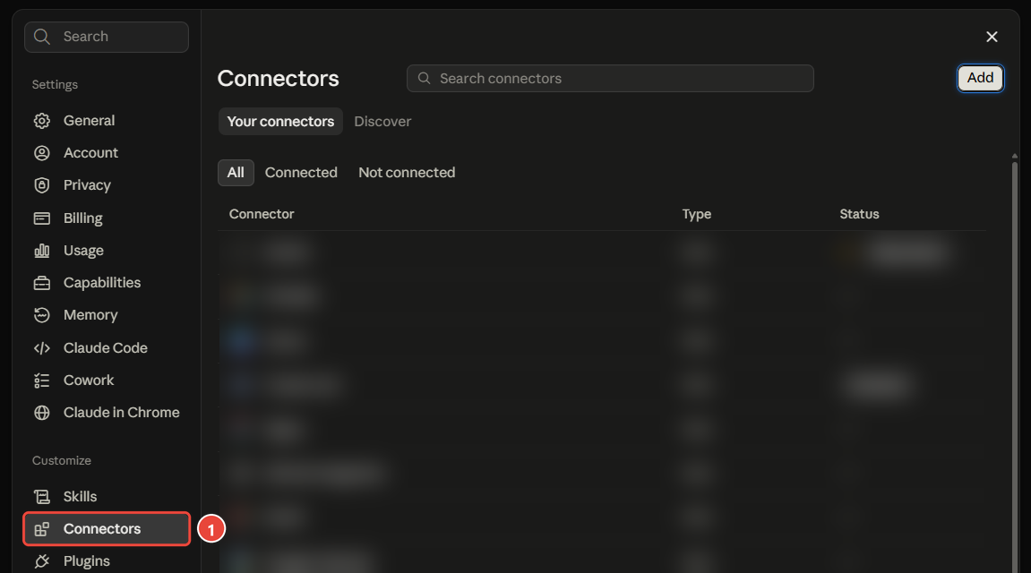 Claude Settings with Connectors marked