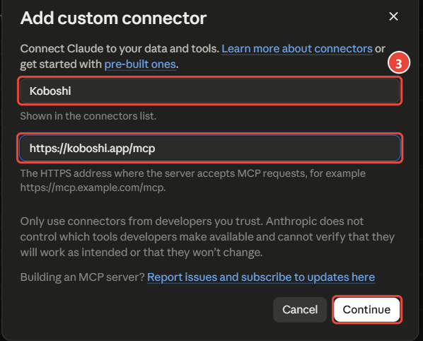 Add custom connector window with Koboshi, https://koboshi.app/mcp and Continue marked
