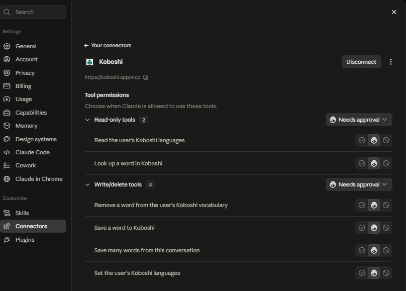 Claude’s Koboshi connector page with the Disconnect button