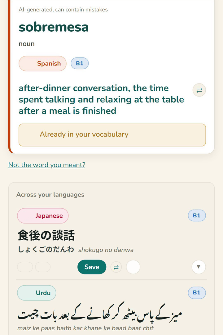 The Spanish word sobremesa in Koboshi: its English meaning, and the same idea in Japanese, 食後の談話 (shokugo no danwa), and in Urdu, each with its romanization.
