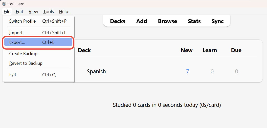 Anki’s File menu open, with Export… ringed