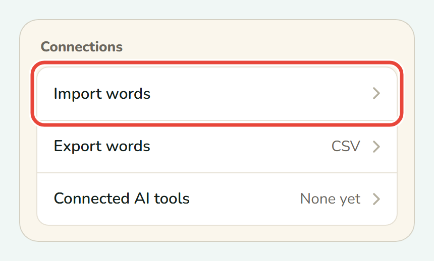 Koboshi Settings on a phone, with Import words ringed under Connections