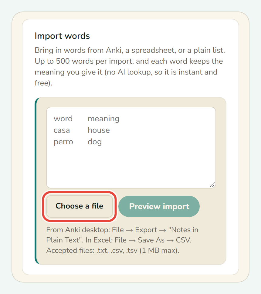 Koboshi’s Import words panel, with Choose a file ringed