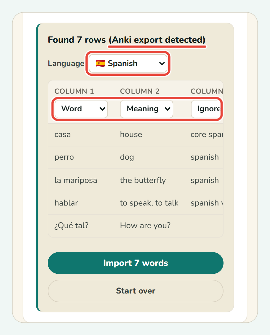 Koboshi’s import preview showing (Anki export detected), the Language list and the column labels