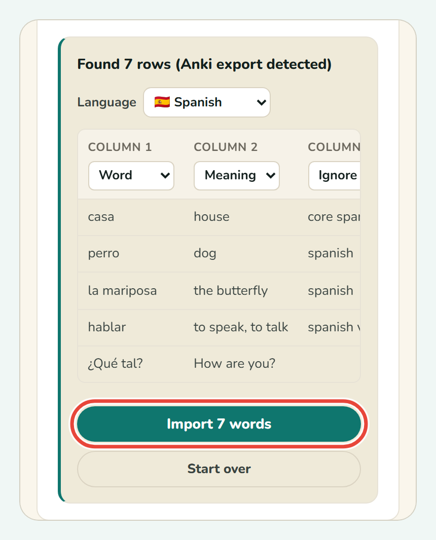 The Import 7 words button at the bottom of Koboshi’s preview