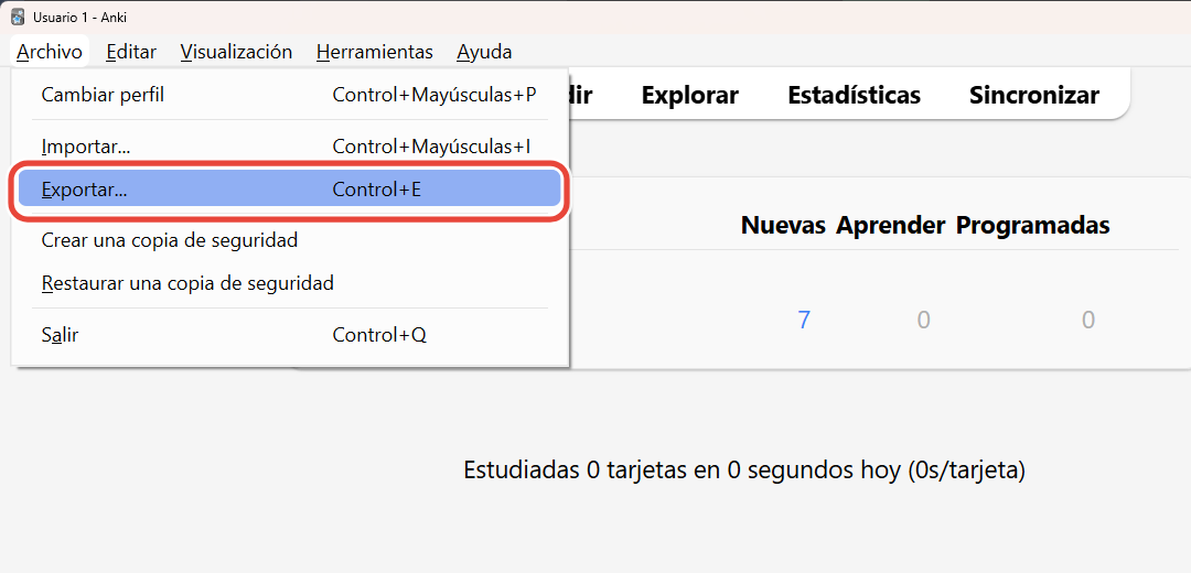 El menú Archivo de Anki abierto, con Exportar… marcado con un círculo