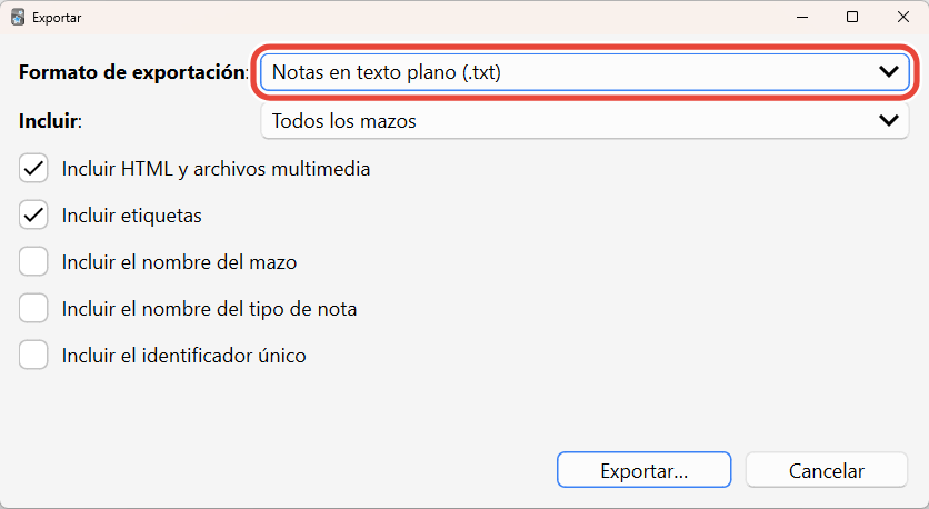 La ventana de exportación de Anki, con Formato de exportación en Notas en texto plano