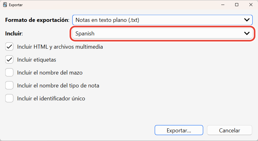 La ventana de exportación de Anki, con el mazo Spanish elegido en Incluir