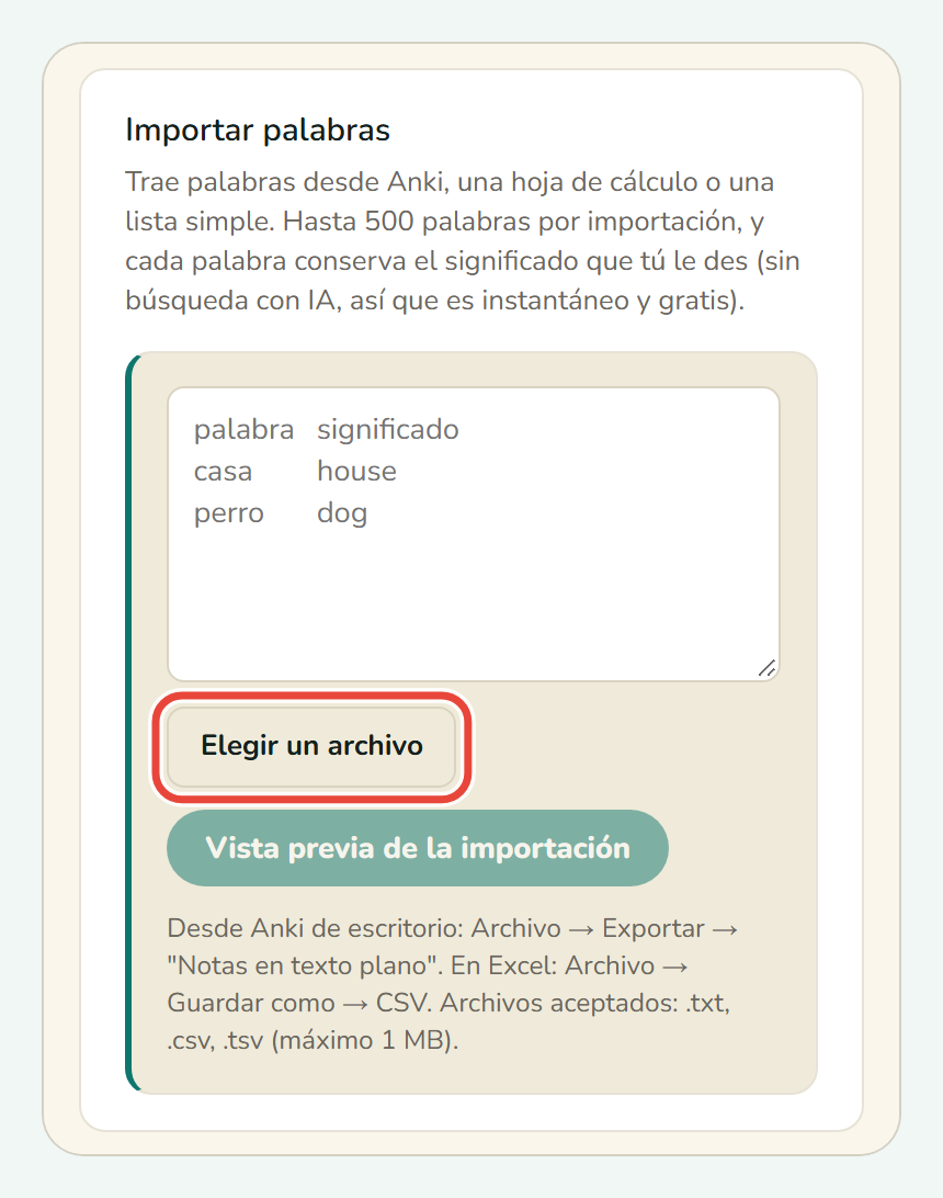 El panel Importar palabras de Koboshi, con Elegir un archivo marcado con un círculo