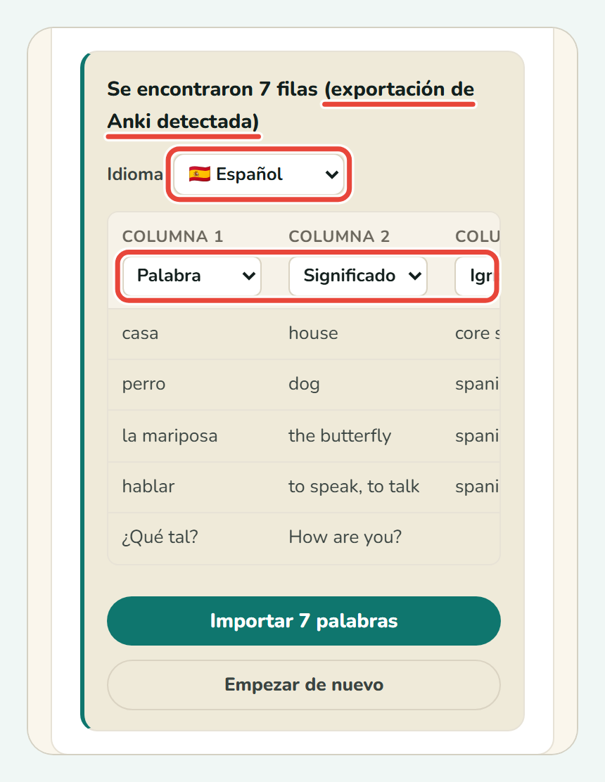 La vista previa de importación de Koboshi con (exportación de Anki detectada), la lista Idioma y las etiquetas de las columnas