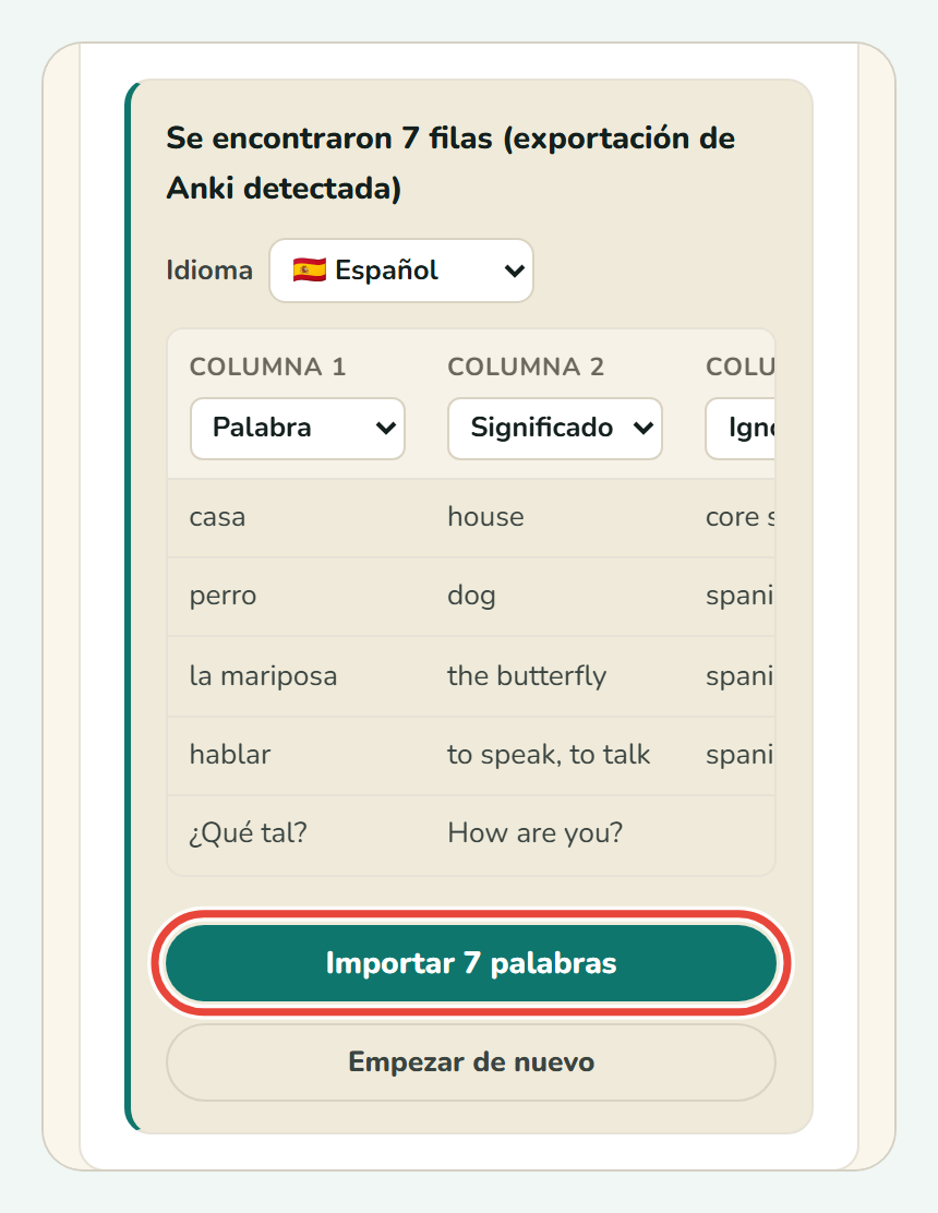 El botón Importar 7 palabras al pie de la vista previa de Koboshi