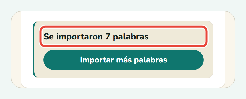 La línea de resultado de Koboshi: Se importaron 7 palabras