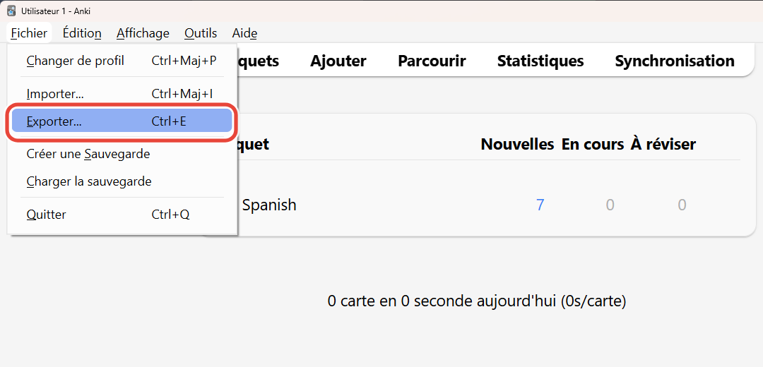 Le menu Fichier d’Anki ouvert, avec Exporter… entouré