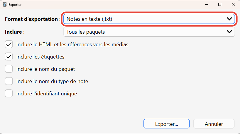 La fenêtre d’export d’Anki, avec Format d’exportation réglé sur Notes en texte