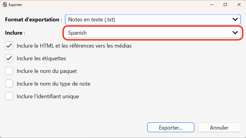 La fenêtre d’export d’Anki, avec le paquet Spanish choisi dans Inclure