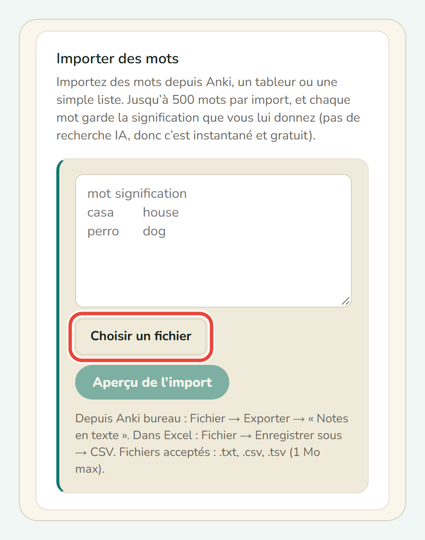 Le panneau Importer des mots de Koboshi, avec Choisir un fichier entouré