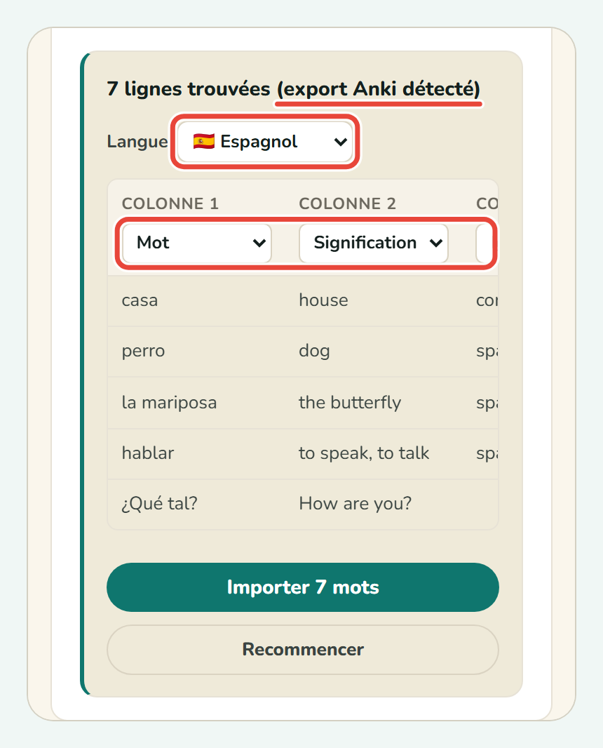 L’aperçu d’import de Koboshi avec (export Anki détecté), la liste Langue et les libellés des colonnes
