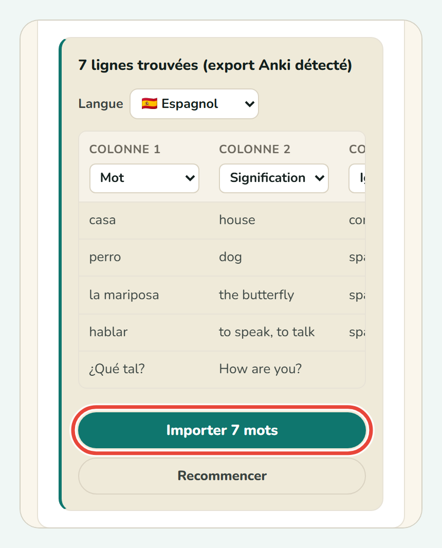 Le bouton Importer 7 mots en bas de l’aperçu de Koboshi
