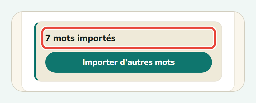 La ligne de résultat de Koboshi : 7 mots importés