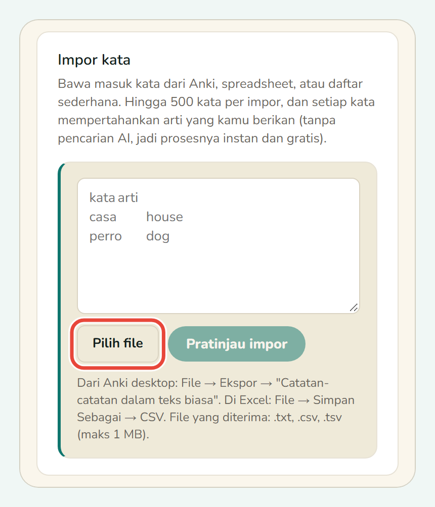 Panel Impor kata di Koboshi, dengan Pilih file dilingkari
