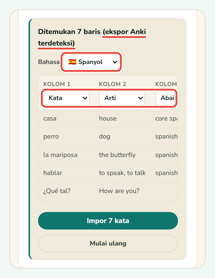 Pratinjau impor Koboshi yang menampilkan (ekspor Anki terdeteksi), daftar Bahasa, dan label kolom