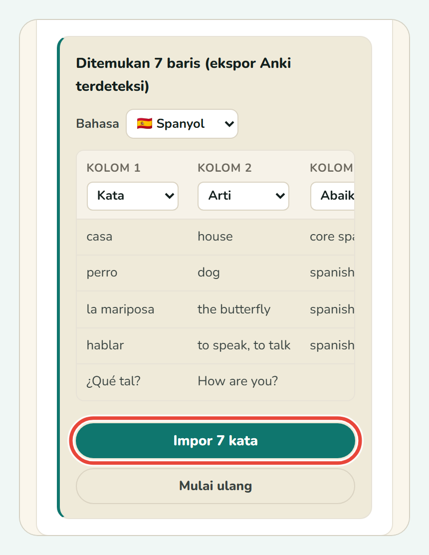 Tombol Impor 7 kata di bagian bawah pratinjau Koboshi