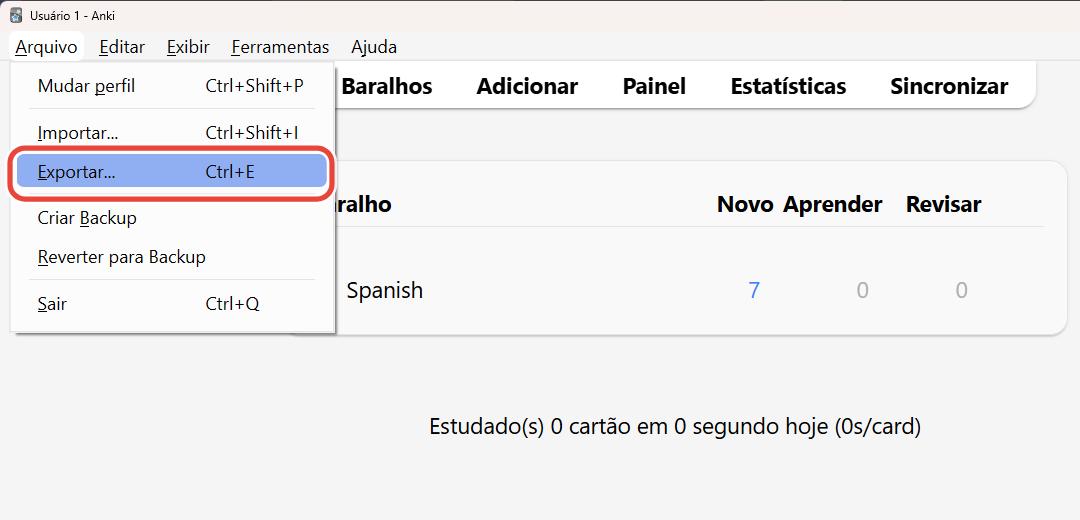 O menu Arquivo do Anki aberto, com Exportar… circulado