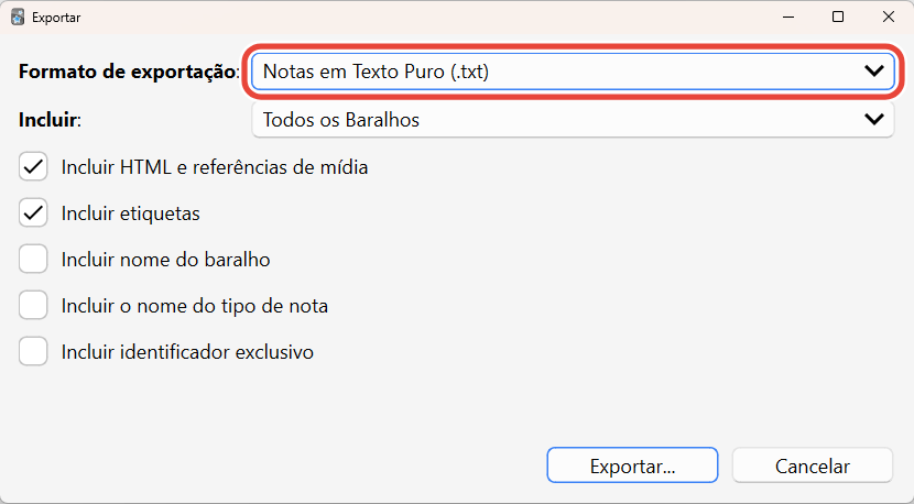 A janela de exportação do Anki, com Formato de exportação em Notas em Texto Puro