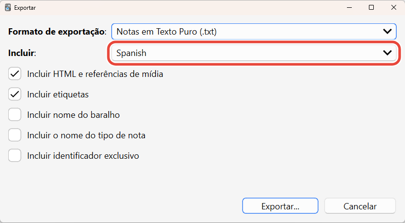 A janela de exportação do Anki, com o baralho Spanish escolhido em Incluir