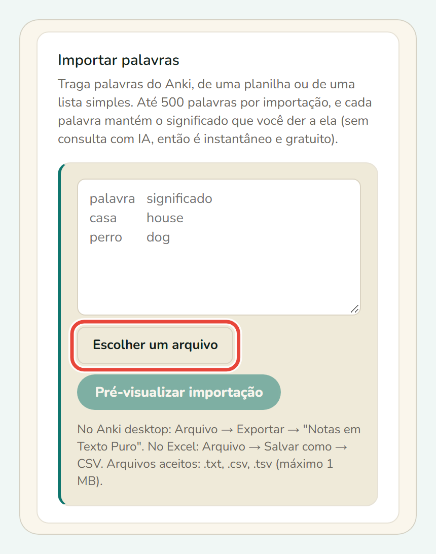 O painel Importar palavras do Koboshi, com Escolher um arquivo circulado