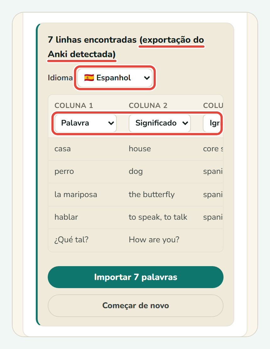 A pré-visualização da importação no Koboshi, com (exportação do Anki detectada), a lista Idioma e os rótulos das colunas