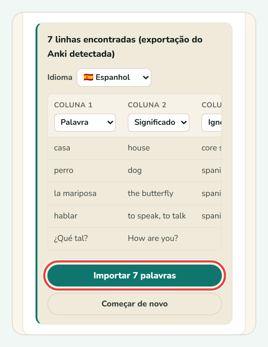 O botão Importar 7 palavras no fim da pré-visualização do Koboshi