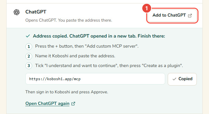 แถว ChatGPT ใน Koboshi หลังกดเพิ่มใน ChatGPT: คัดลอกที่อยู่แล้ว และอีกสามขั้นตอน