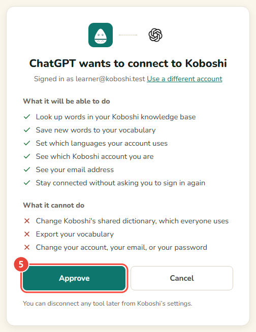 หน้า “ChatGPT ขอเชื่อมต่อกับ Koboshi” ของ Koboshi พร้อมปุ่มอนุมัติ