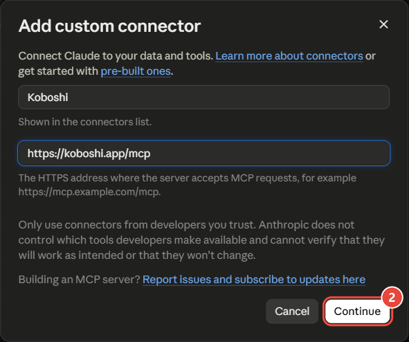 หน้าต่าง Add custom connector ของ Claude ที่กรอก Koboshi และ https://koboshi.app/mcp ไว้แล้ว