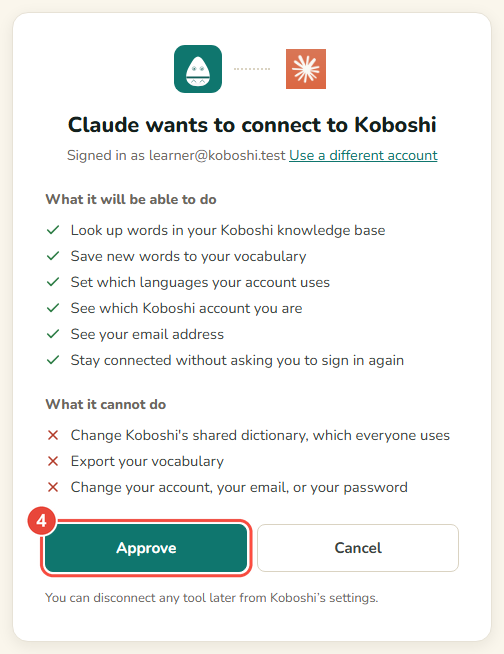 หน้า “Claude ขอเชื่อมต่อกับ Koboshi” ของ Koboshi พร้อมปุ่มอนุมัติ